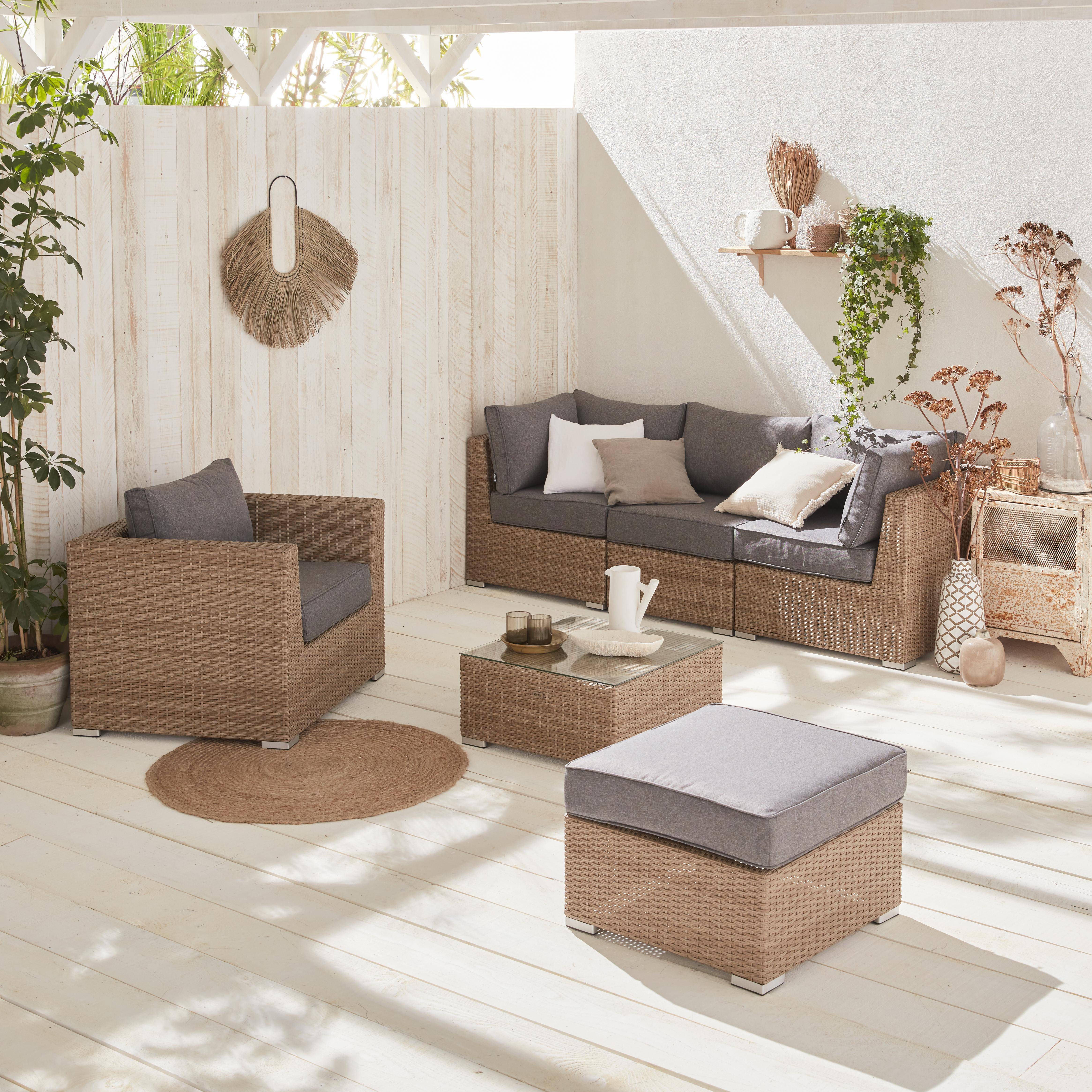 Premium loungeset rond gevlochten wicker – VINCI – Naturel, grijze kussens, 5 plaatsen, high-end,sweeek,Photo1