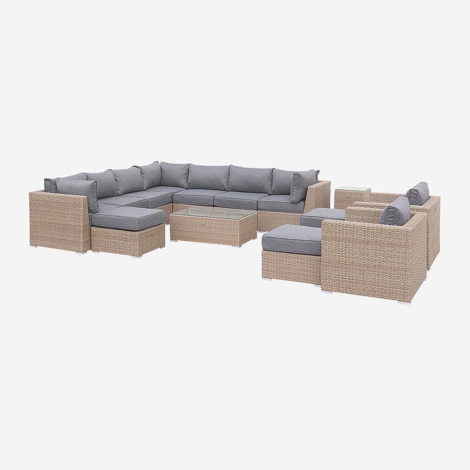Hochwertige Gartenmöbel aus abgerundetem Polyrattan XXL -VERONA- Farbe Natur/Kissen grau - 12 bis 14 Sitzplätze | sweeek