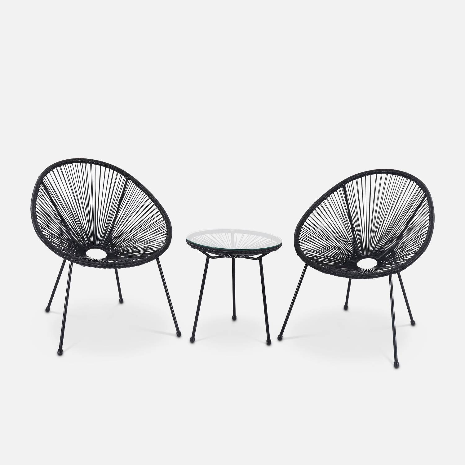 Set van 2 ei-vormige stoelen ACAPULCO met bijzettafel -Zwart - Stoelen 4 poten design retro, met lage tafel, plastic koorden | sweeek