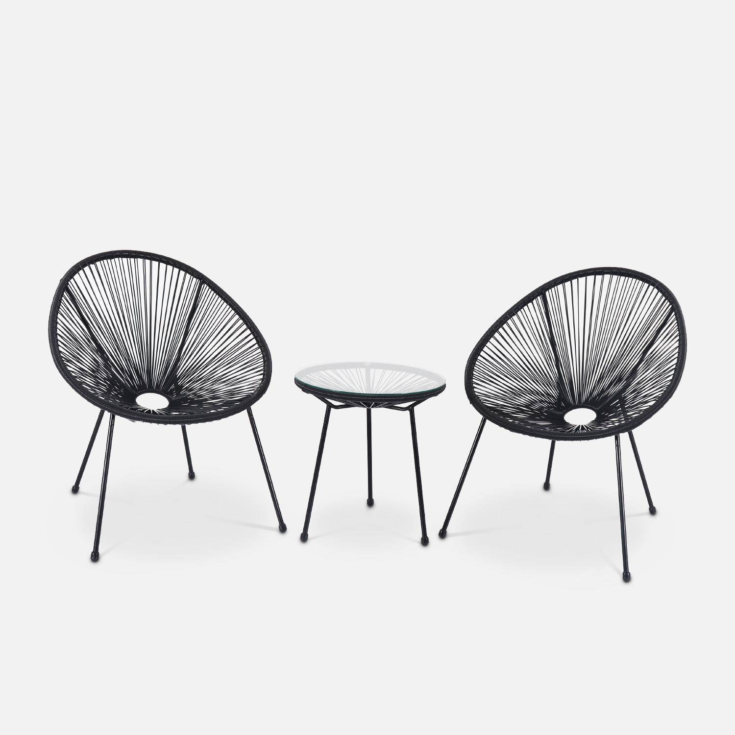 Set van 2 ei-vormige stoelen ACAPULCO met bijzettafel - Zwart - Stoelen 4 poten design retro, met lage tafel, plastic koorden Photo2