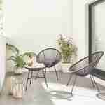 Set van 2 ei-vormige stoelen ACAPULCO met bijzettafel - Zwart - Stoelen 4 poten design retro, met lage tafel, plastic koorden Photo1