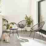 Set van 2 ei-vormige stoelen ACAPULCO met bijzettafel - Taupe - Stoelen 4 poten design retro, met lage tafel, plastic koorden Photo1