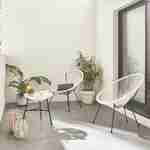 Set van 2 ei-vormige stoelen ACAPULCO met bijzettafel - Wit - Stoelen 4 poten design retro, met lage tafel, plastic koorden Photo1
