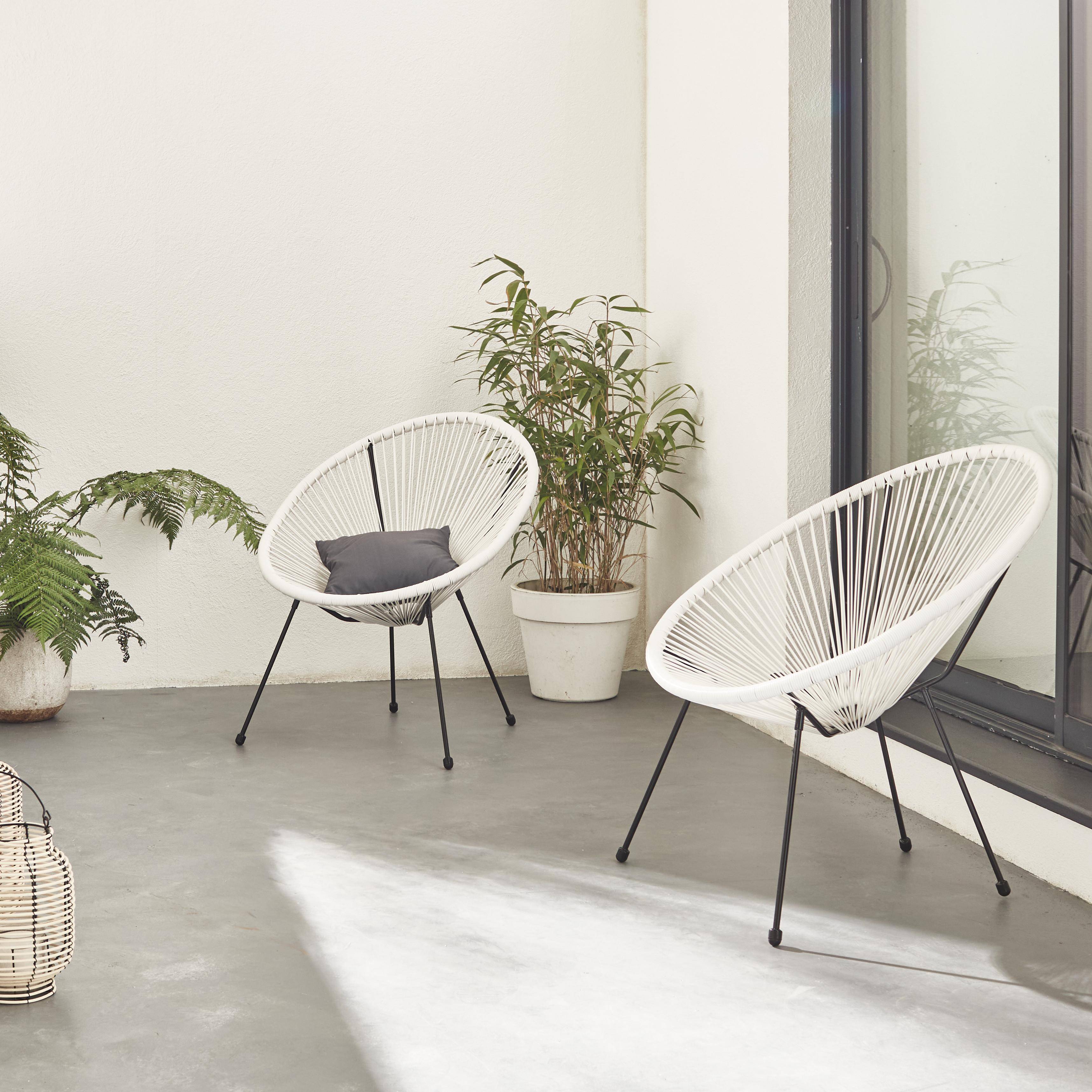 Lot de 2 fauteuils design Oeuf - Acapulco Blanc - Fauteuils 4 pieds design rétro, cordage plastique, intérieur / extérieur Photo1