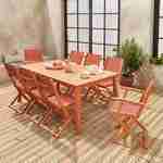 Ausziehbare Gartenmöbel aus Holz - Almeria - Tisch 180/240 cm mit Verlängerung, 2 Sesseln und 6 Stühlen aus geöltem FSC-Eukalyptusholz und terrakottafarbenem Textilene Photo2