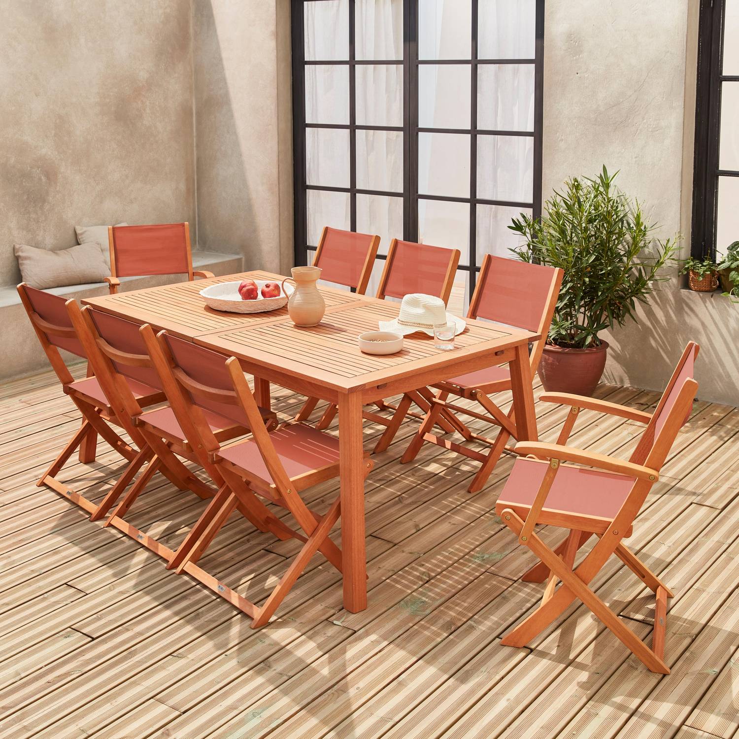 8-seater garden dining set, extendable 180-240cm FSC-eucalyptus wooden table, 6 chairs and 2 armchairs - Almeria 8 - Terracotta textilene seats Photo2