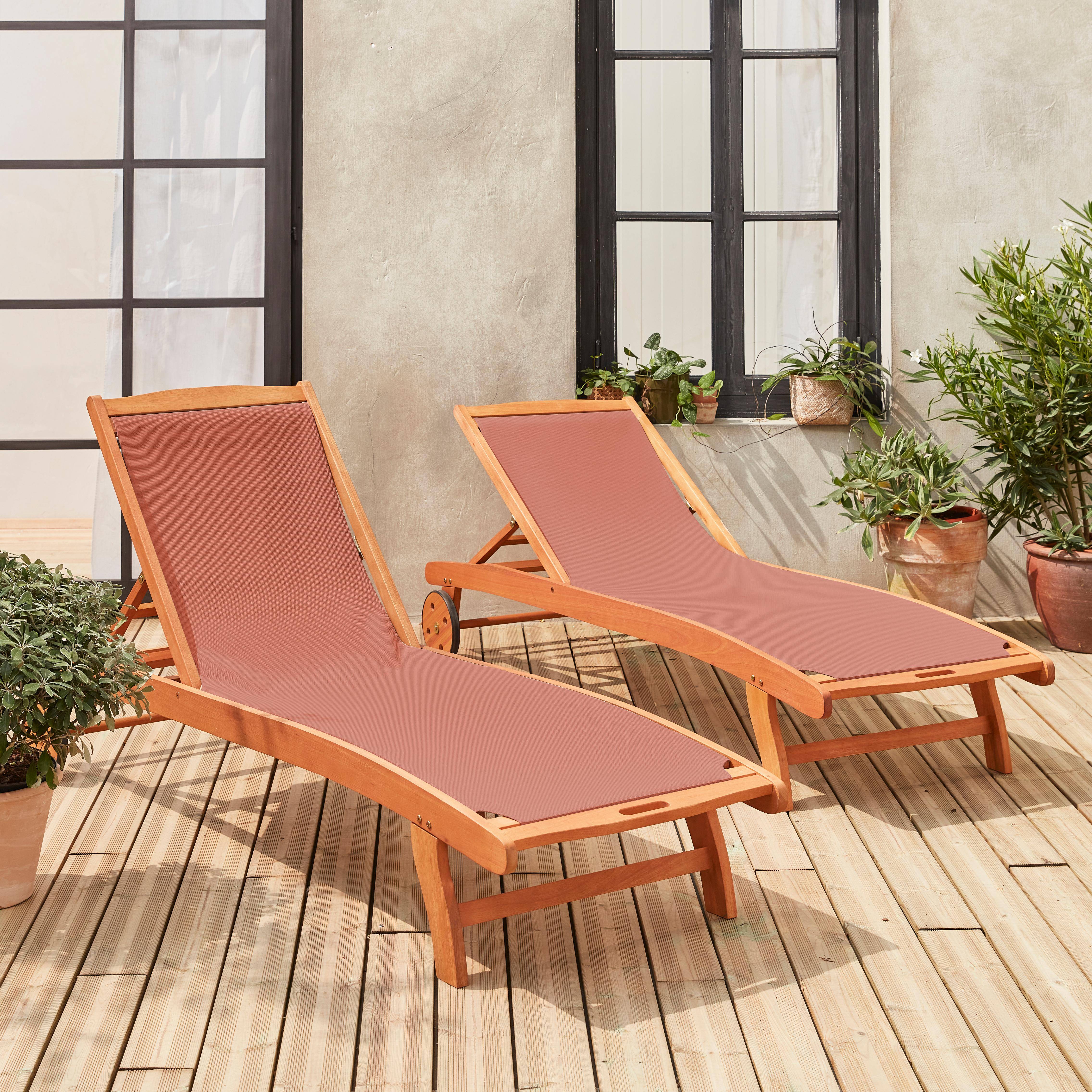 Pair of FSC eucalyptus and textilene sun loungers - Natural wood colour, Terracotta  textilene - Marbella Photo1