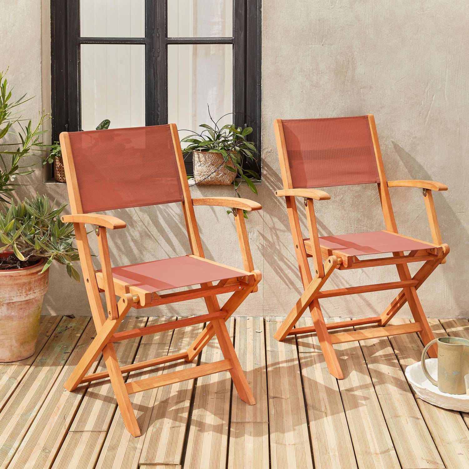 Fauteuils de jardin en bois et textilène - Almeria Terra cotta - 2 fauteuils pliants en bois d'Eucalyptus FSC huilé et textilène Photo1