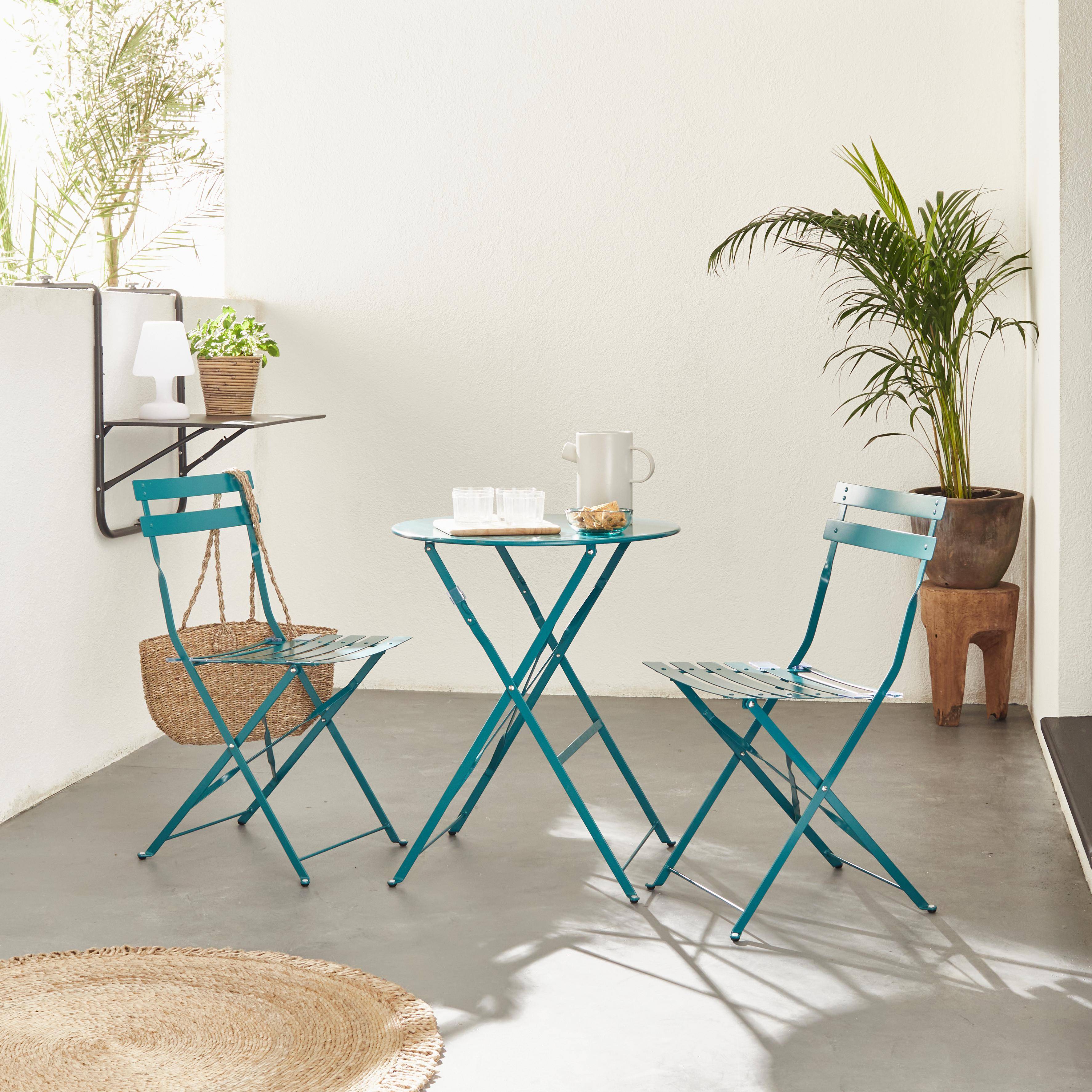 Mesa de jardín plegable para bistró - Emilia azul pato redonda - Mesa redonda de Ø60cm con dos sillas plegables, acero pintado en polvo Photo1
