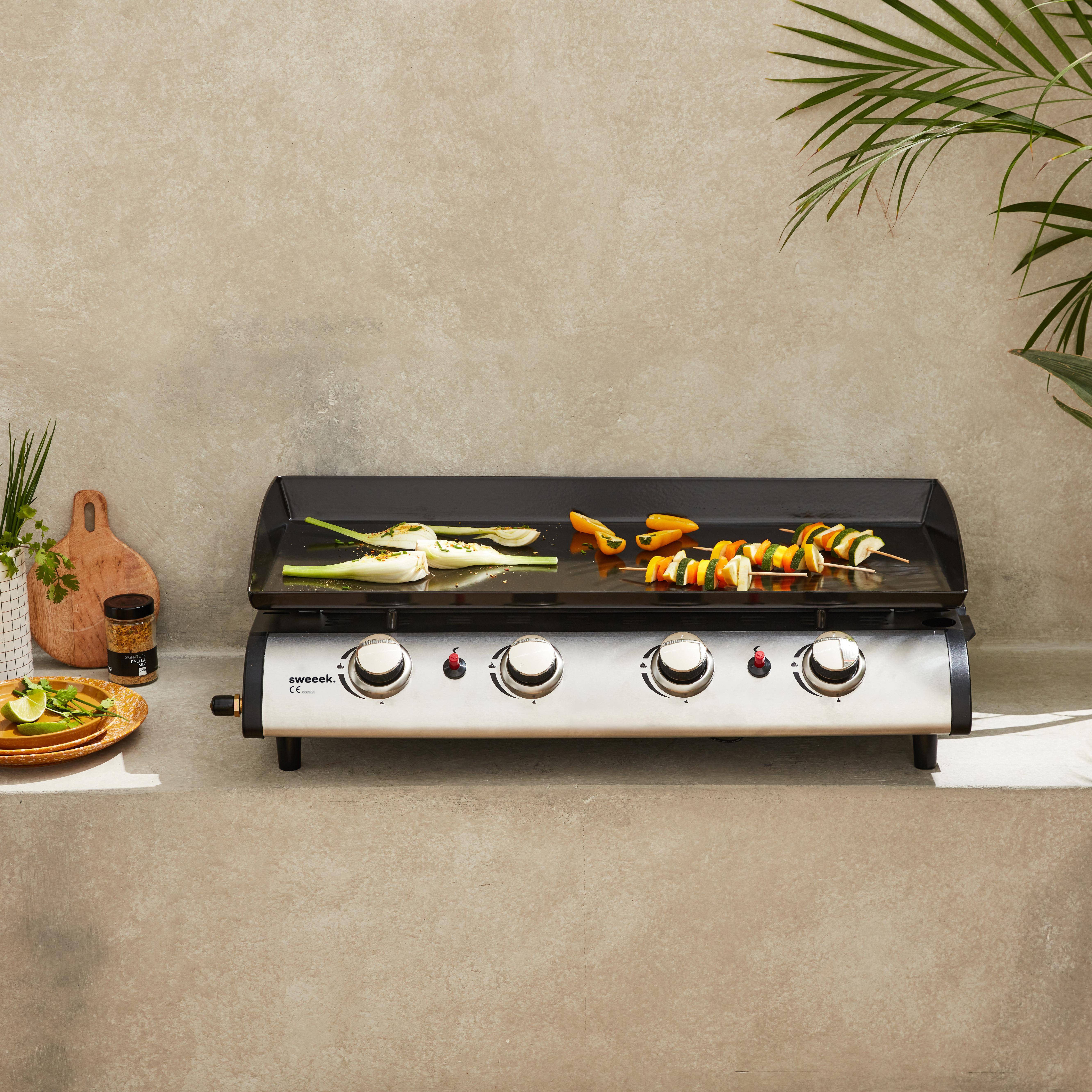 Plancha au gaz 4 feux - Porthos 4 brûleurs - 10 kW, barbecue, cuisine extérieure, grande plaque émaillée, inox Photo1
