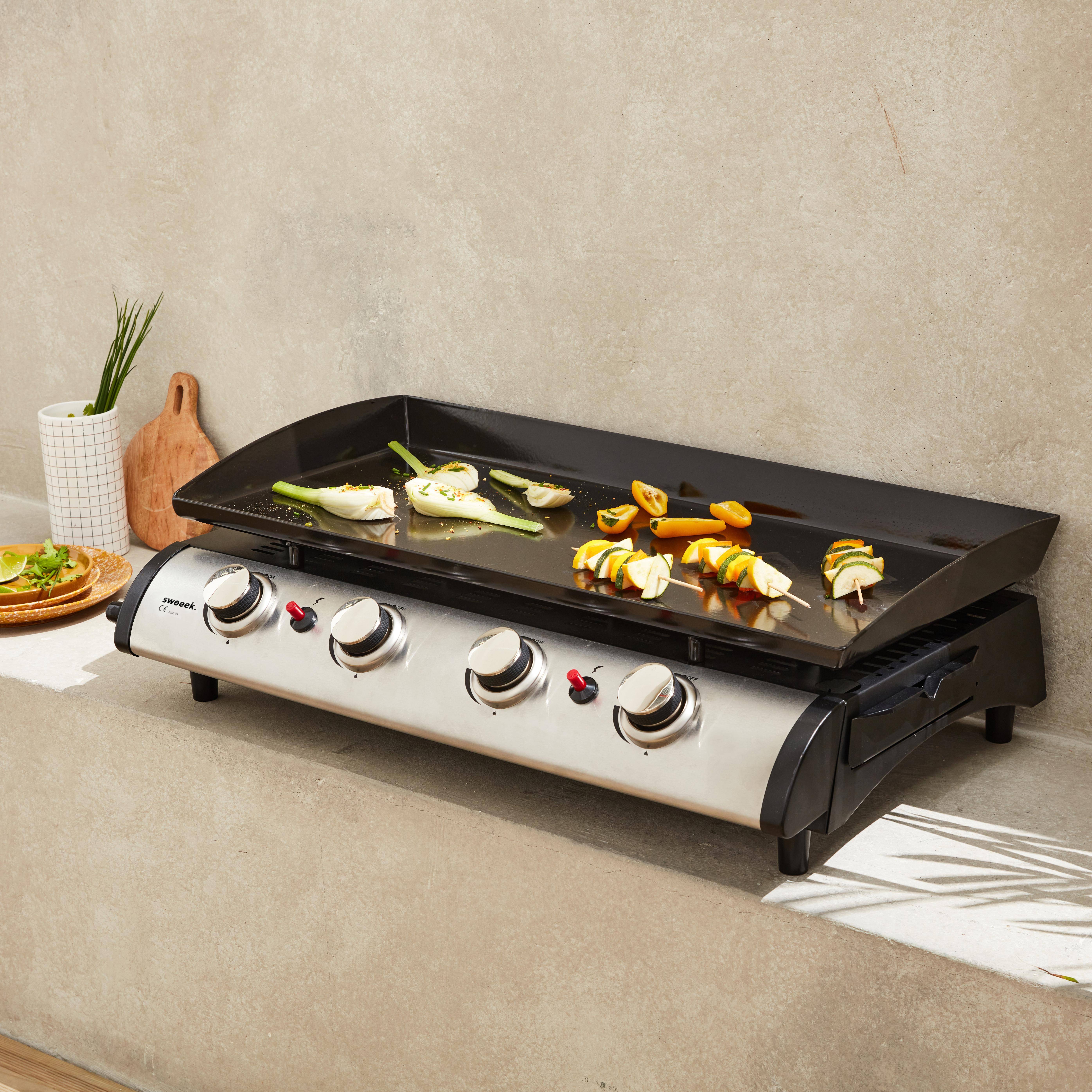 Plancha au gaz 4 feux - Porthos 4 brûleurs - 10 kW, barbecue, cuisine extérieure, grande plaque émaillée, inox Photo2