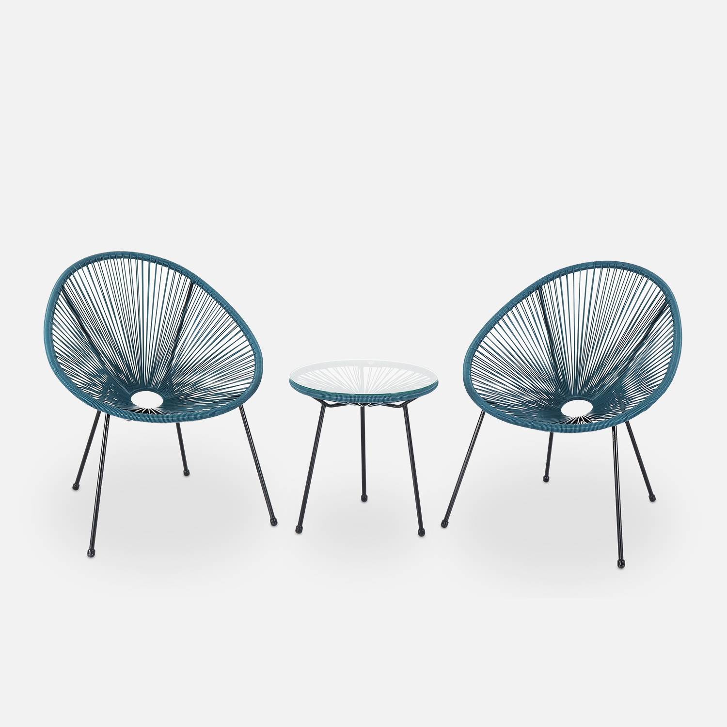 Set van 2 ei-vormige stoelen ACAPULCO met bijzettafel - Donker Turquoise - Stoelen 4 poten design retro, met lage tafel | sweeek