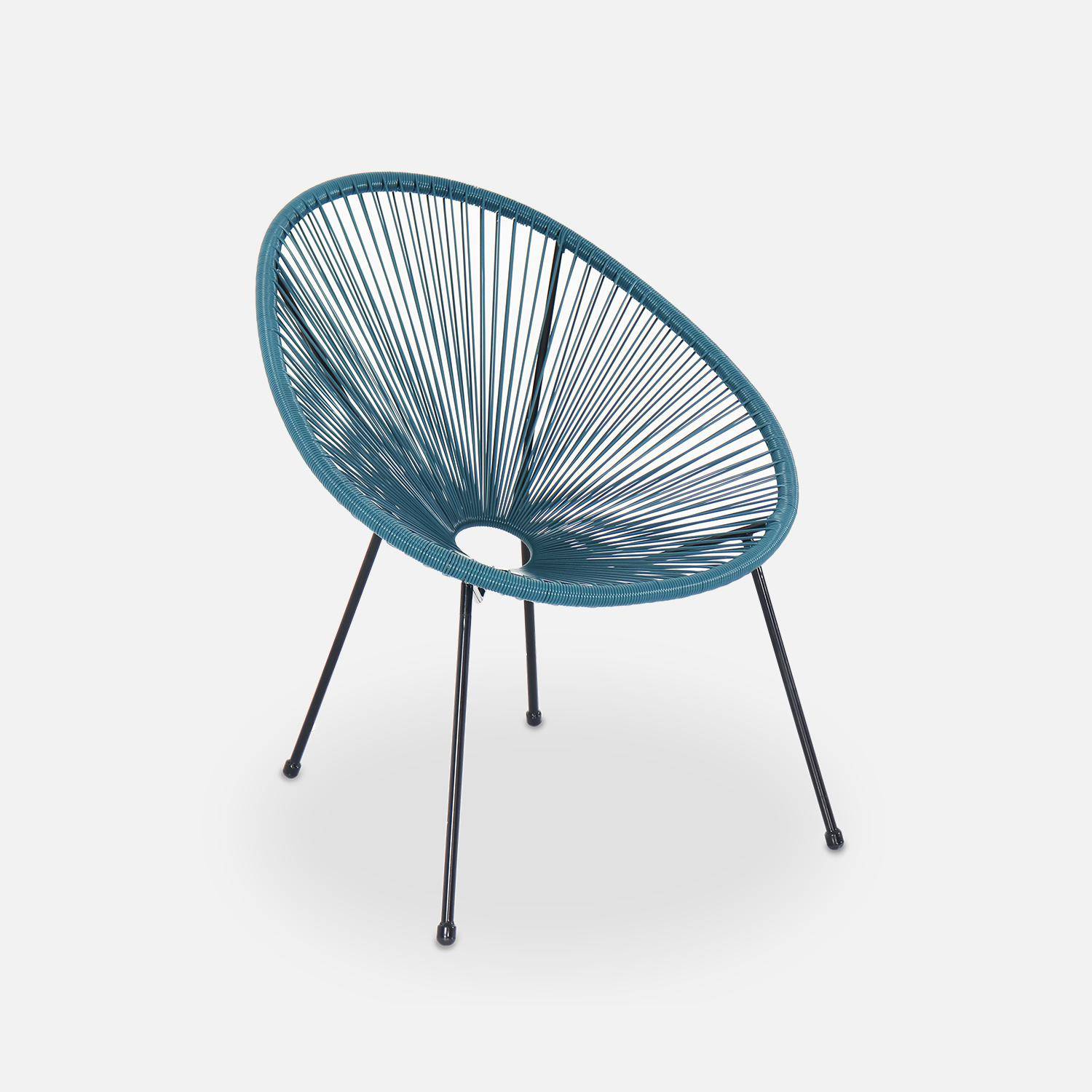 Set van 2 ei-vormige stoelen ACAPULCO met bijzettafel - Donker Turquoise - Stoelen 4 poten design retro, met lage tafel, plastic koorden Photo3
