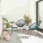 Set van 2 ei-vormige stoelen ACAPULCO met bijzettafel - Donker Turquoise - Stoelen 4 poten design retro, met lage tafel, plastic koorden Photo1