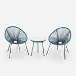 Set van 2 ei-vormige stoelen ACAPULCO met bijzettafel - Donker Turquoise - Stoelen 4 poten design retro, met lage tafel, plastic koorden Photo2