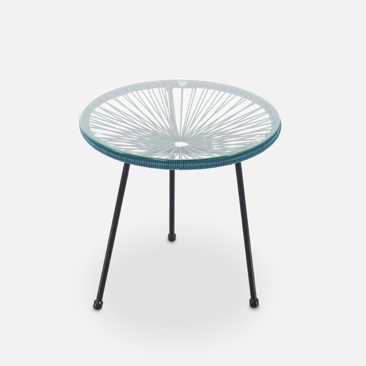 Set van 2 ei-vormige stoelen ACAPULCO met bijzettafel - Donker Turquoise - Stoelen 4 poten design retro, met lage tafel, plastic koorden Photo5