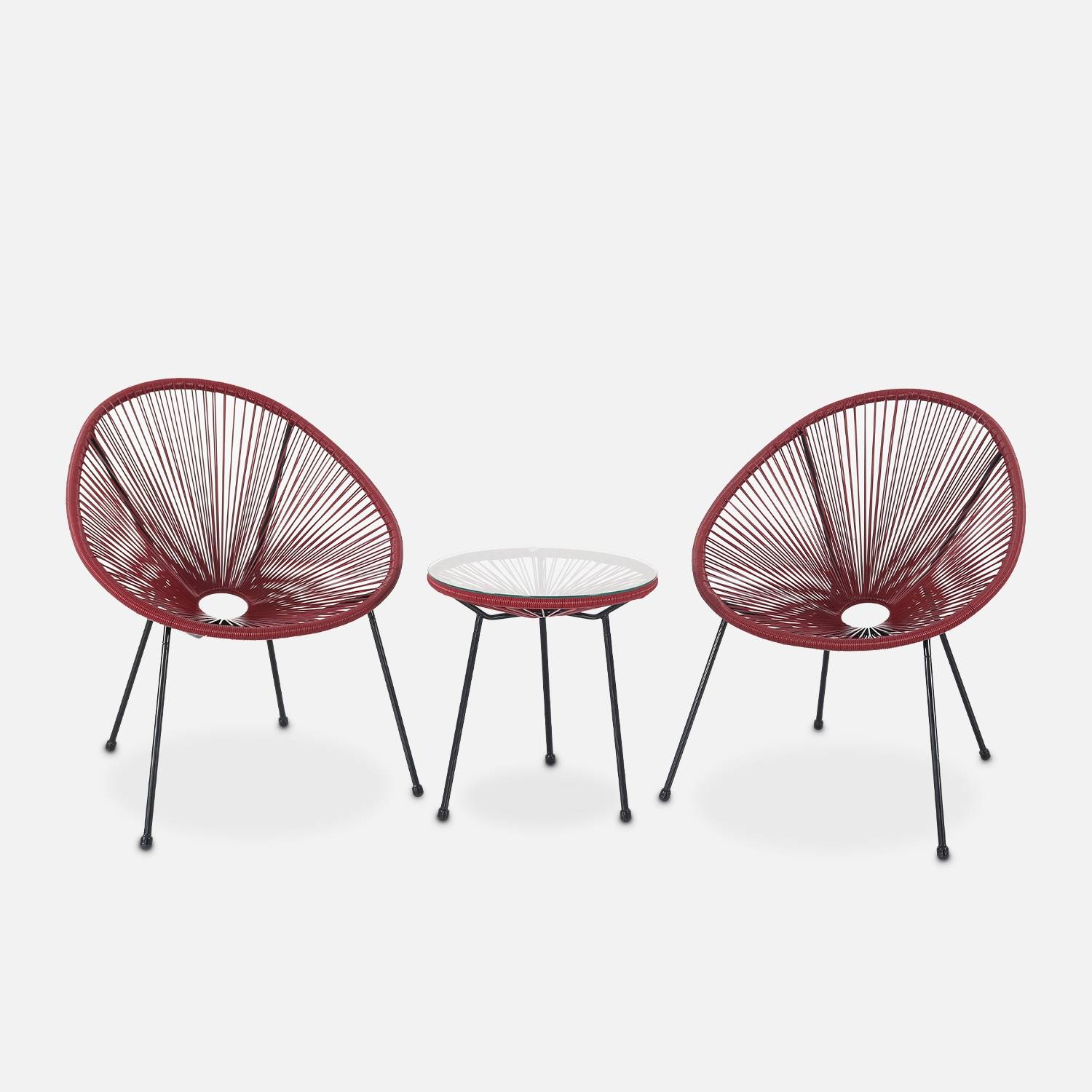 Set van 2 ei-vormige stoelen ACAPULCO met bijzettafel -Bordeaux- Stoelen 4 poten design retro, met lage tafel, plastic koorden | sweeek
