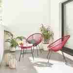 Set van 2 ei-vormige stoelen ACAPULCO met bijzettafel - Bordeauxrood - Stoelen 4 poten design retro, met lage tafel, plastic koorden Photo1