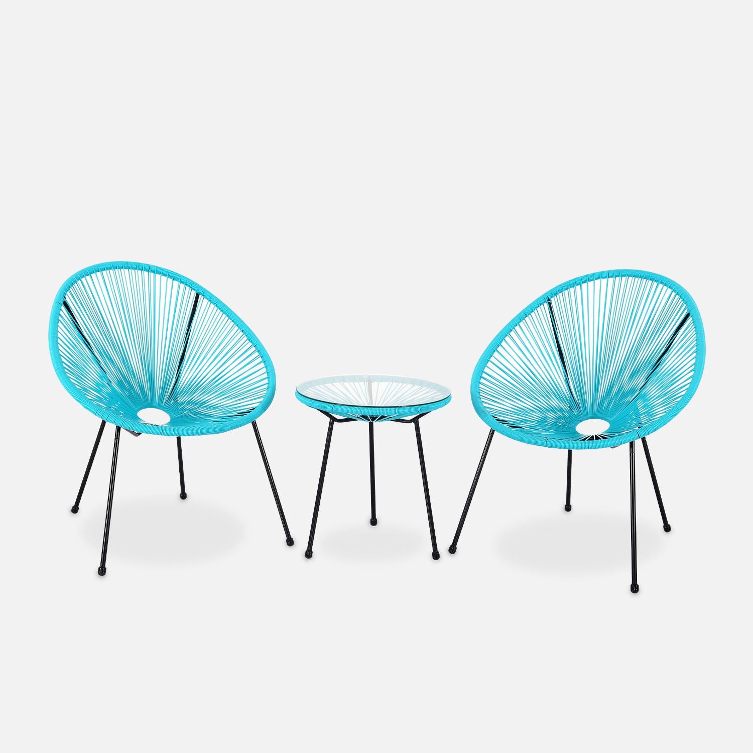 Set van 2 ei-vormige stoelen ACAPULCO met bijzettafel - Turkoois - Stoelen 4 poten design retro, met lage tafel, plastic koorden | sweeek