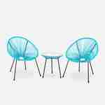 Set van 2 ei-vormige stoelen ACAPULCO met bijzettafel - Turkoois - Stoelen 4 poten design retro, met lage tafel, plastic koorden Photo2