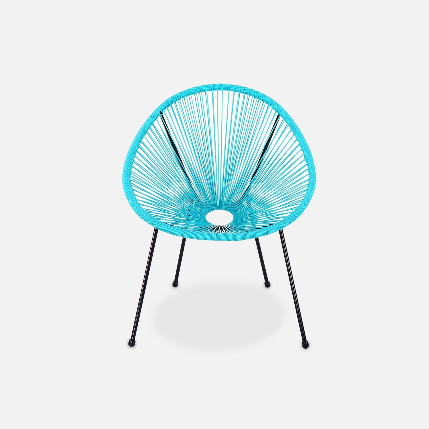 Set van 2 ei-vormige stoelen ACAPULCO met bijzettafel - Turkoois - Stoelen 4 poten design retro, met lage tafel, plastic koorden,sweeek,Photo4