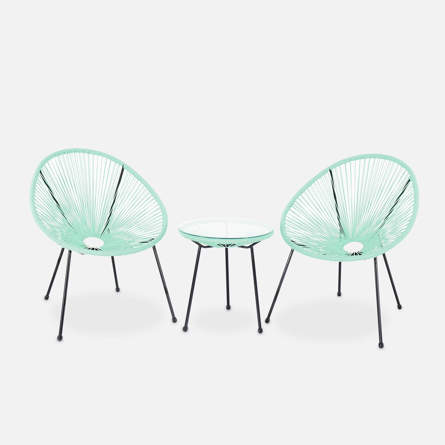 Set van 2 ei-vormige stoelen ACAPULCO met bijzettafel - Watergroen - Stoelen 4 poten design retro, met lage tafel, plastic koorden | sweeek