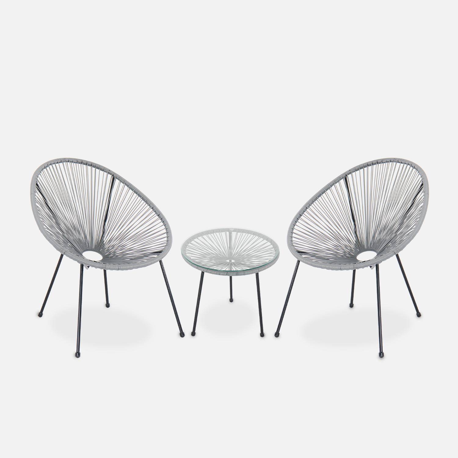 Set van 2 ei-vormige stoelen ACAPULCO met bijzettafel - Donkergrijs - Stoelen 4 poten design retro, met lage tafel, plastic koorden Photo2