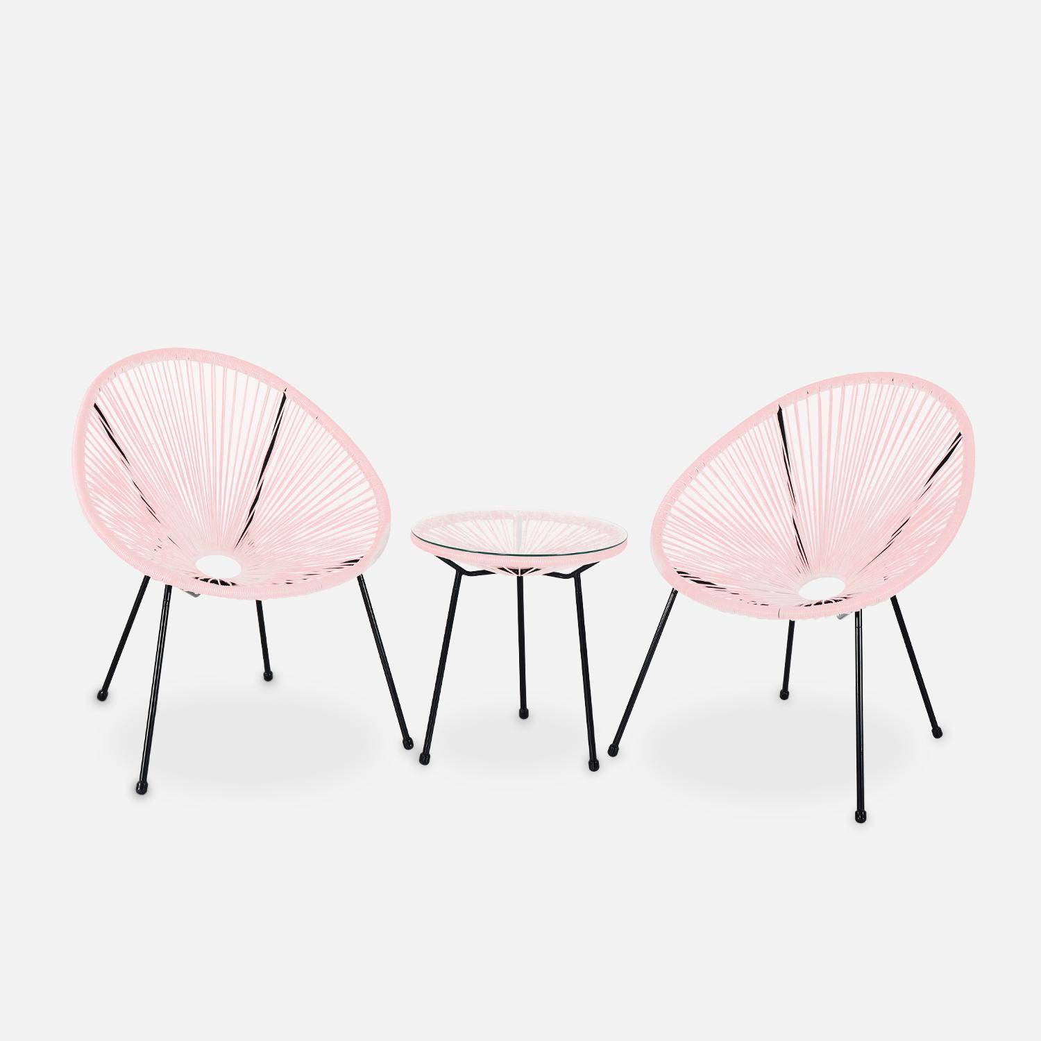 Set van 2 ei-vormige stoelen ACAPULCO met bijzettafel - Lichtroze - Stoelen 4 poten design retro, met lage tafel, plastic koorden Photo2