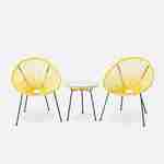 Set van 2 ei-vormige stoelen ACAPULCO met bijzettafel - Geel - Stoelen 4 poten design retro, met lage tafel, plastic koorden Photo2