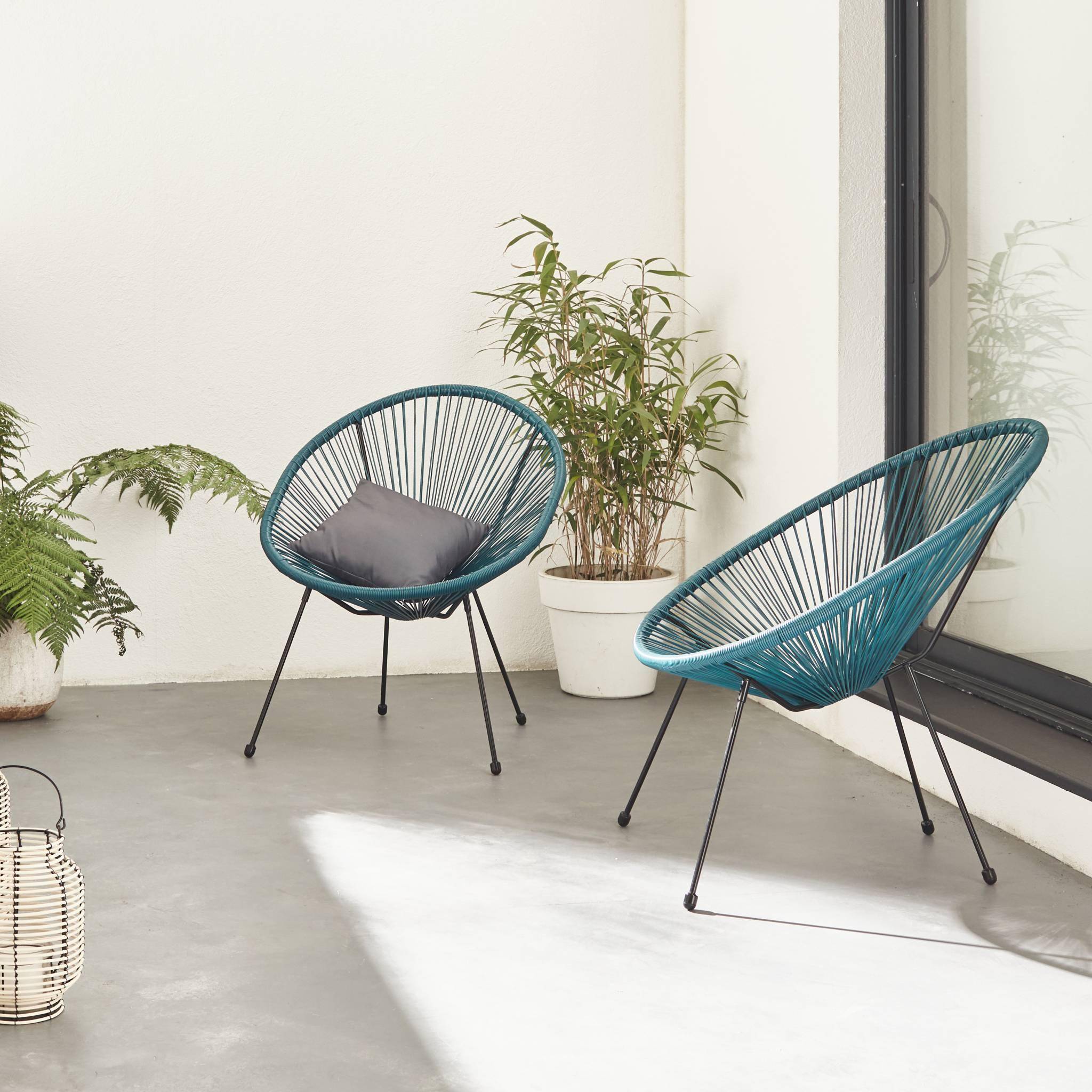 Lot de 2 fauteuils design Oeuf - Acapulco bleu canard - Fauteuils 4 pieds design rétro, cordage plastique, intérieur / extérieur Photo1