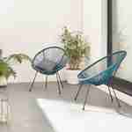 Lot de 2 fauteuils design Oeuf - Acapulco bleu canard - Fauteuils 4 pieds design rétro, cordage plastique, intérieur / extérieur Photo1