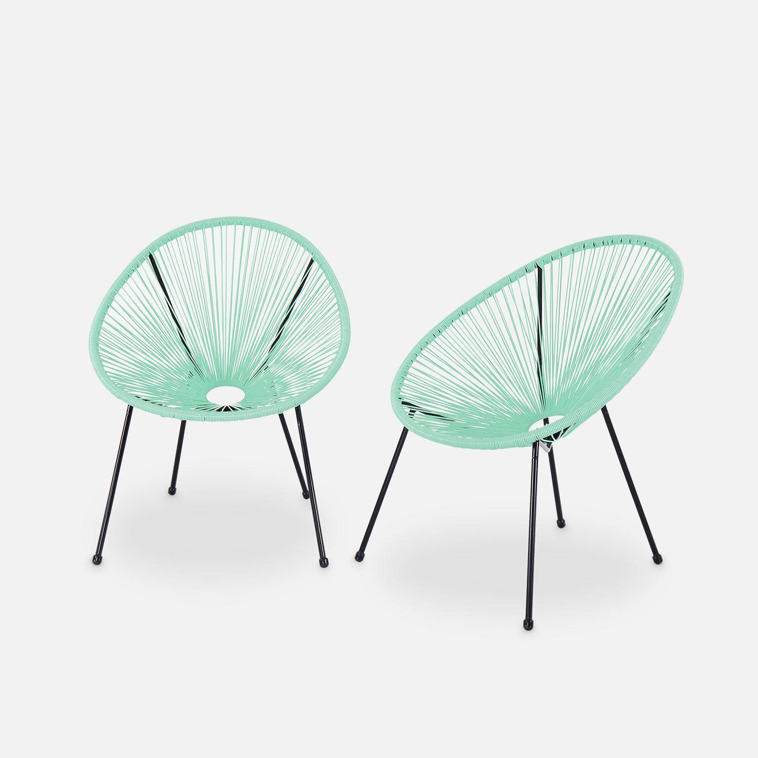 Lot de 2 fauteuils design Oeuf - Acapulco vert d'eau - Fauteuils 4 pieds design rétro, cordage plastique, intérieur / extérieur Photo2