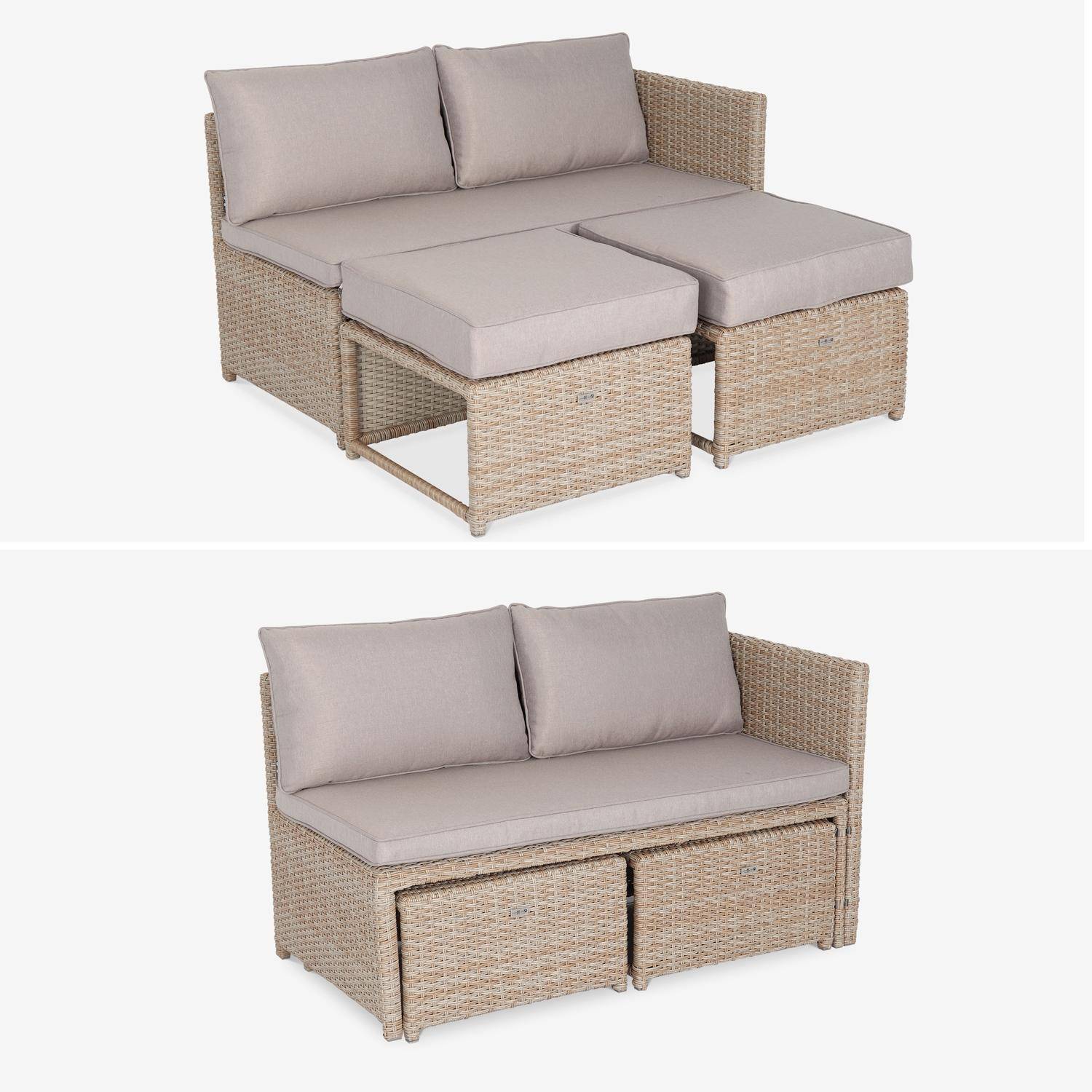 Tuinset 6 plaatsen - Reggiano - hars naturel, beige kussens - Tuintafel met sofa, chaise longue en 2 inschuifbare poefs Photo4
