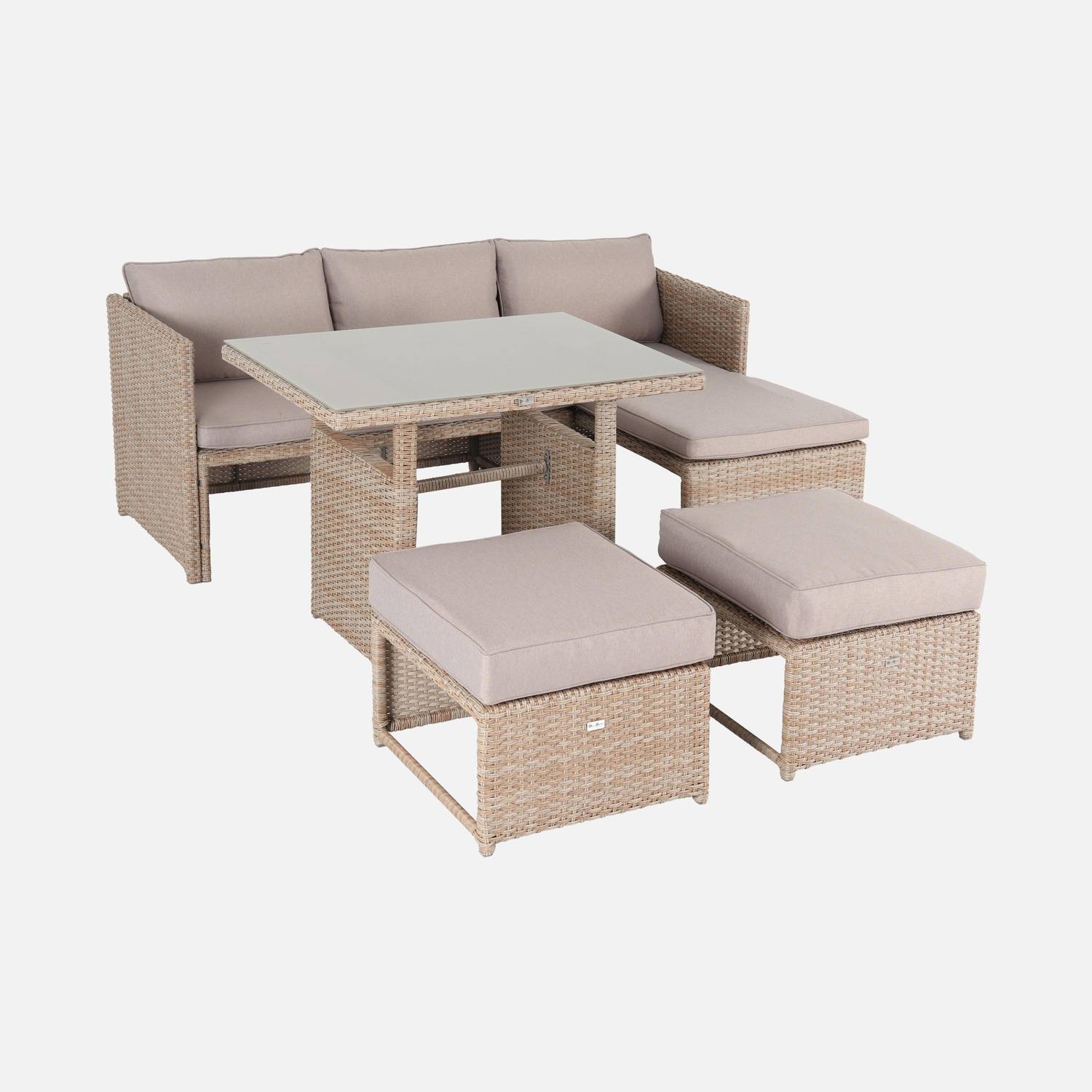 Conjunto de muebles de jardín de 6 plazas - Reggiano - Resina natural, cojines beige, mesa de jardín con sofá, chaise longue y 2 pufs incorporados Photo3