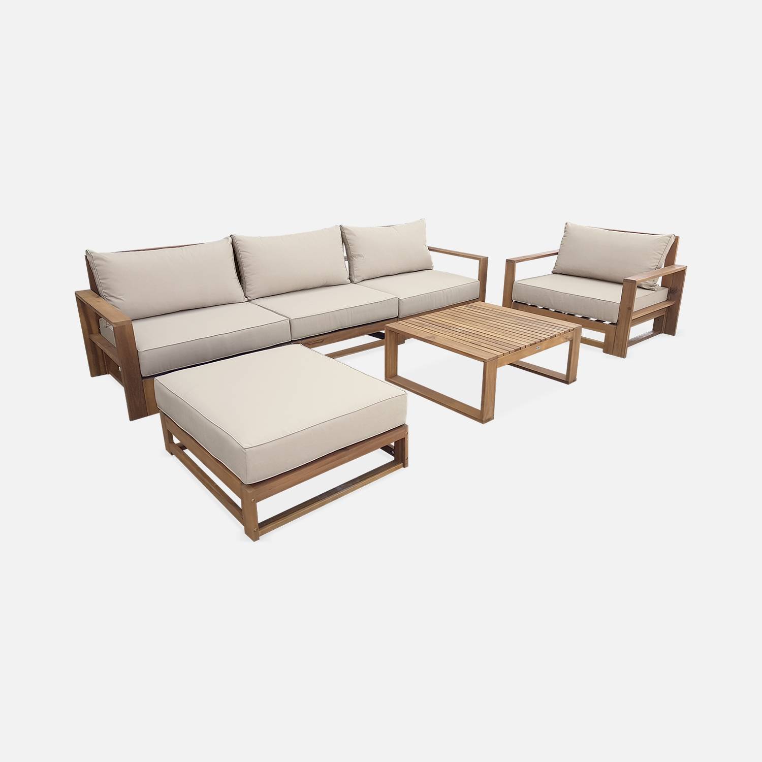 Conjunto de jardín - Mendoza - Cojín beige, sofá, sillones y mesa de centro, madera de acacia | sweeek