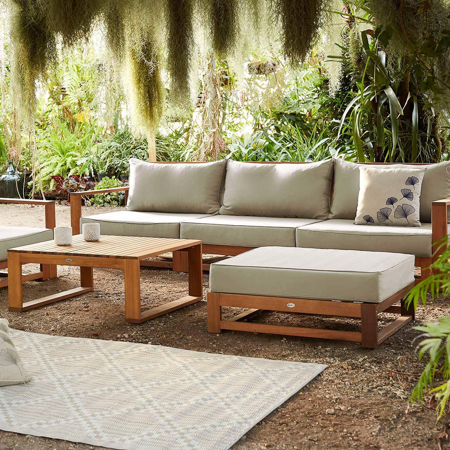 5 lugares móveis de jardim em madeira - Mendoza - Almofadas bege, sofá, poltronas e mesa de café em acácia,sweeek,Photo1