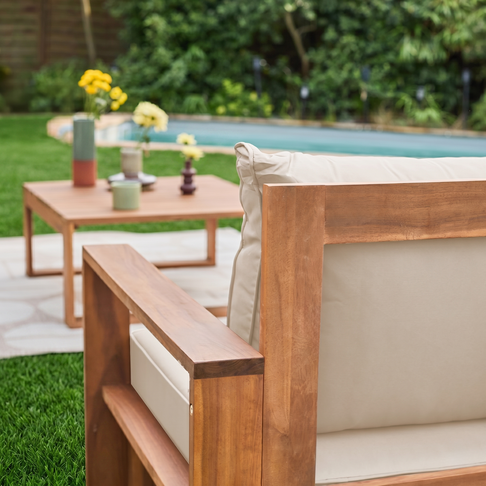 Houten loungeset 5 plaatsen - Mendoza - Beige kussens, acacia, 6 modueles, design Photo2