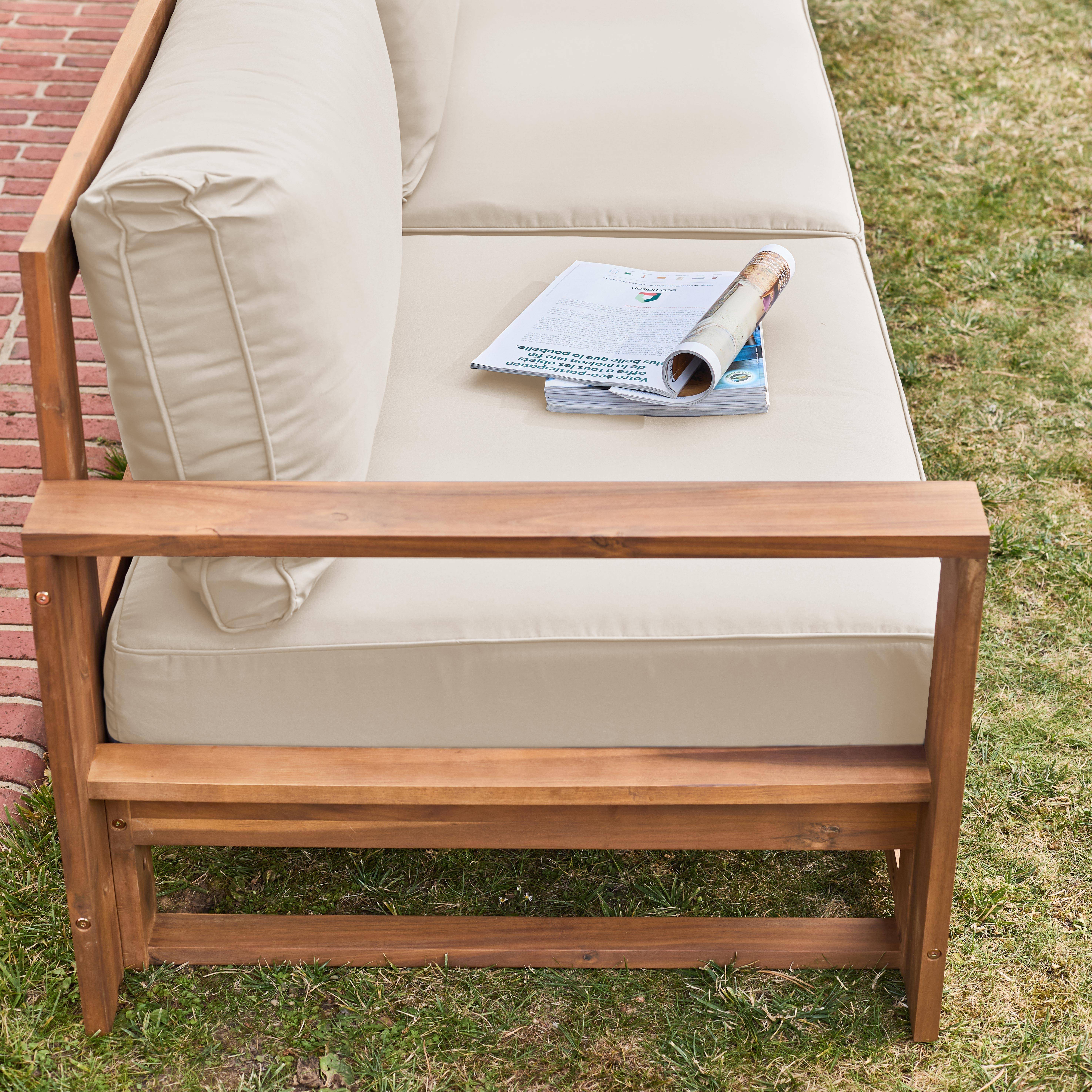 Drewniany zestaw mebli ogrodowych 5 miejsc siedzących - Mendoza - Beżowe poduszki, sofa z drewna akacjowego, fotele i stolik kawowy, 6 elementów Photo3