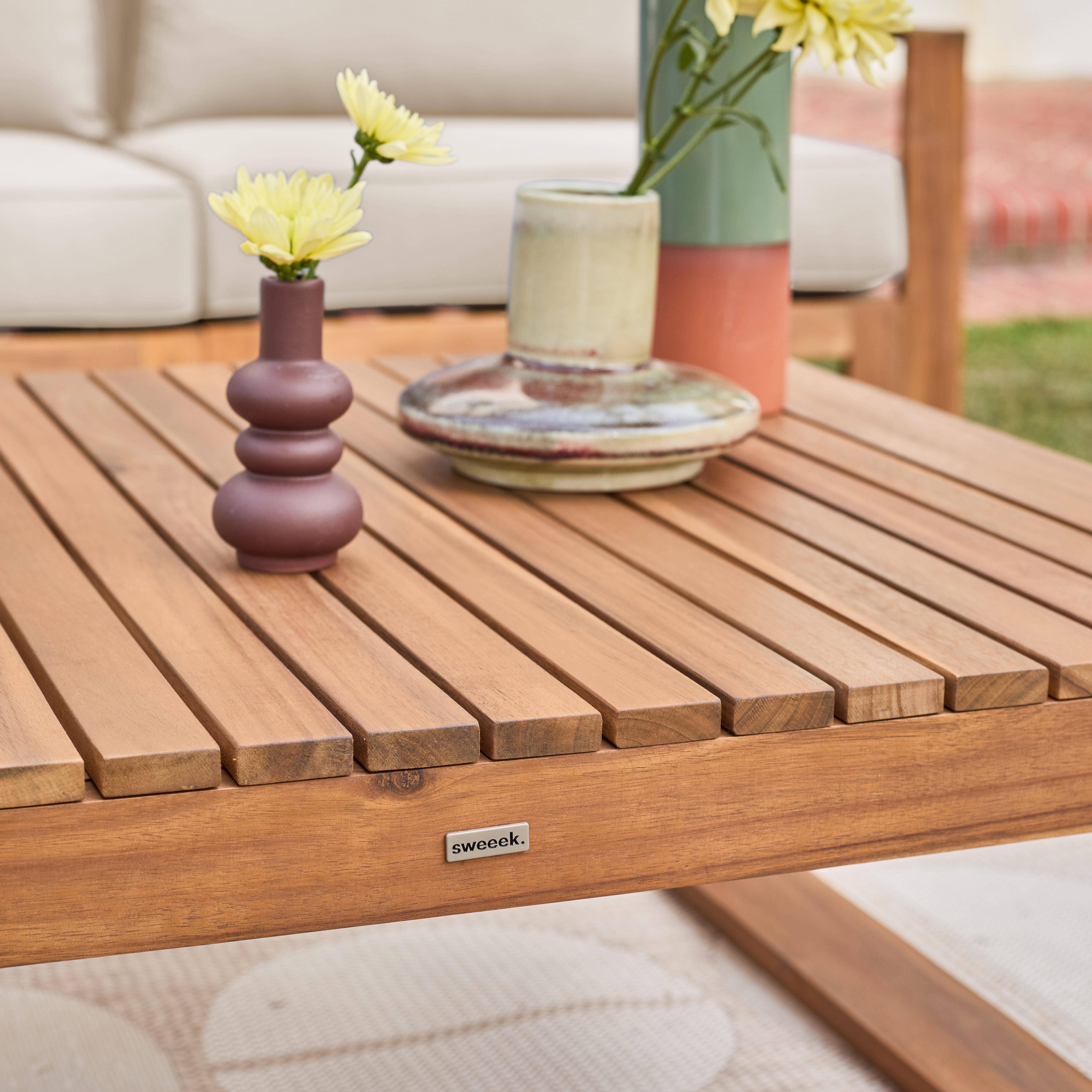 Drewniany zestaw mebli ogrodowych 5 miejsc siedzących - Mendoza - Beżowe poduszki, sofa z drewna akacjowego, fotele i stolik kawowy, 6 elementów Photo8