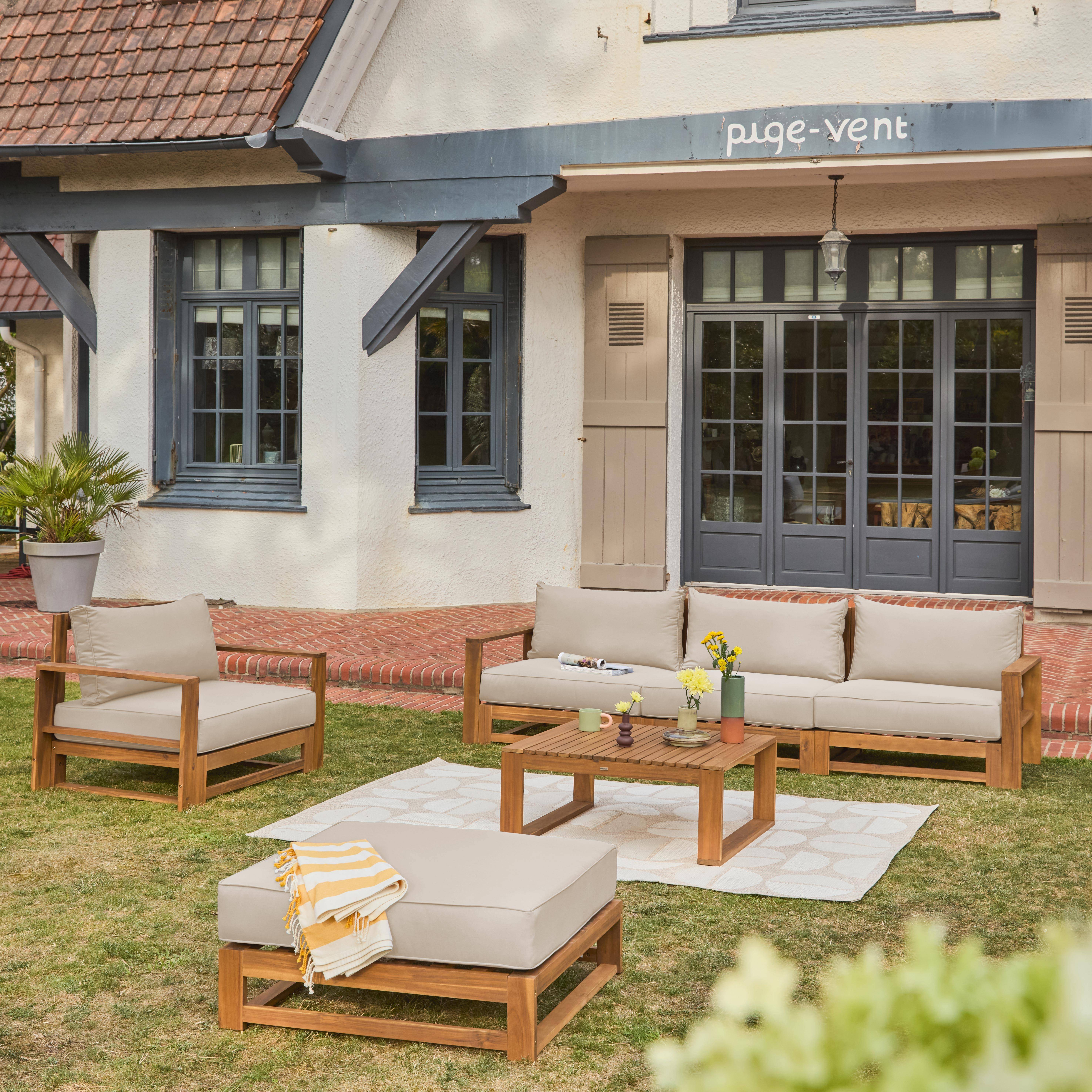 Drewniany zestaw mebli ogrodowych 5 miejsc siedzących - Mendoza - Beżowe poduszki, sofa z drewna akacjowego, fotele i stolik kawowy, 6 elementów Photo1