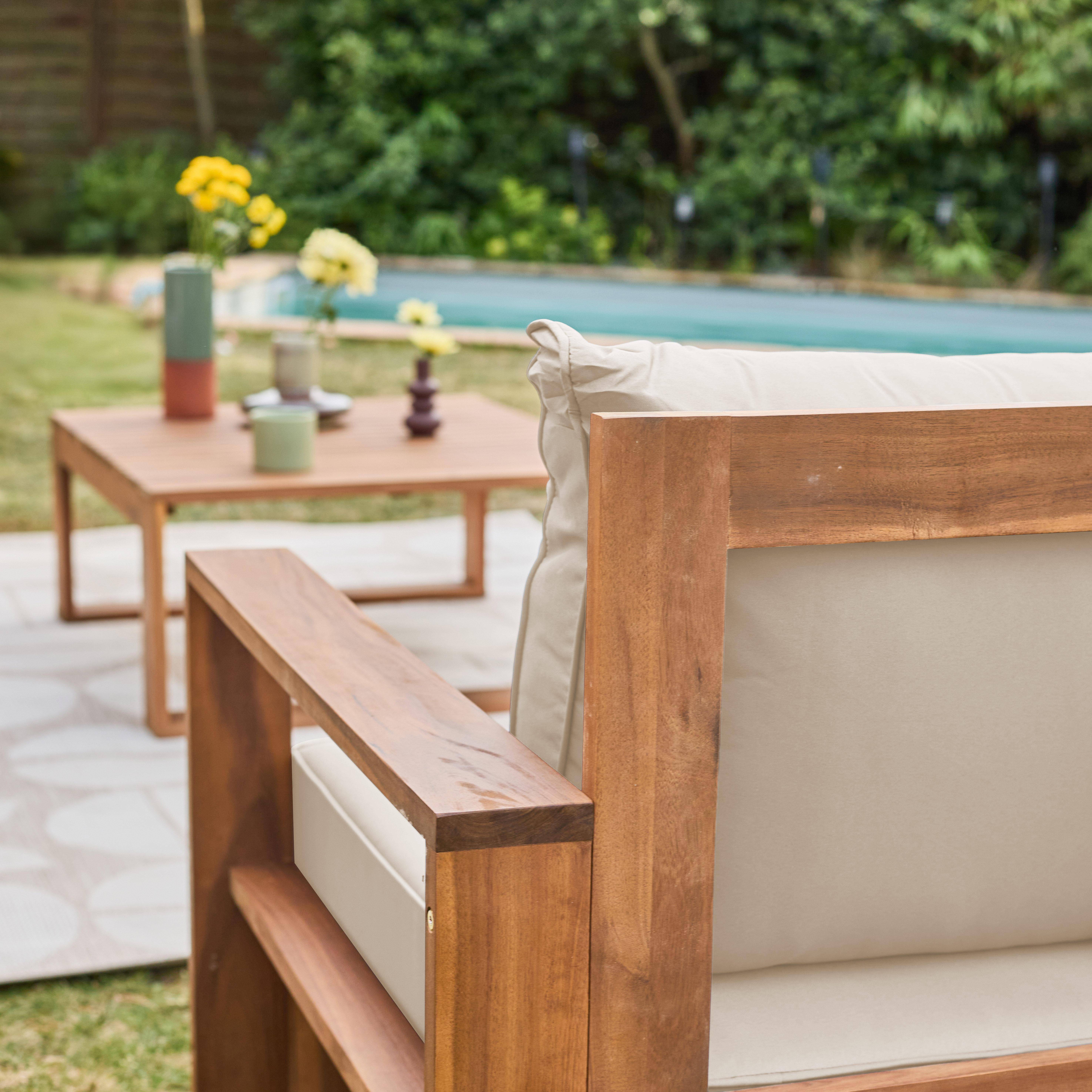 Drewniany zestaw mebli ogrodowych 5 miejsc siedzących - Mendoza - Beżowe poduszki, sofa z drewna akacjowego, fotele i stolik kawowy, 6 elementów Photo2