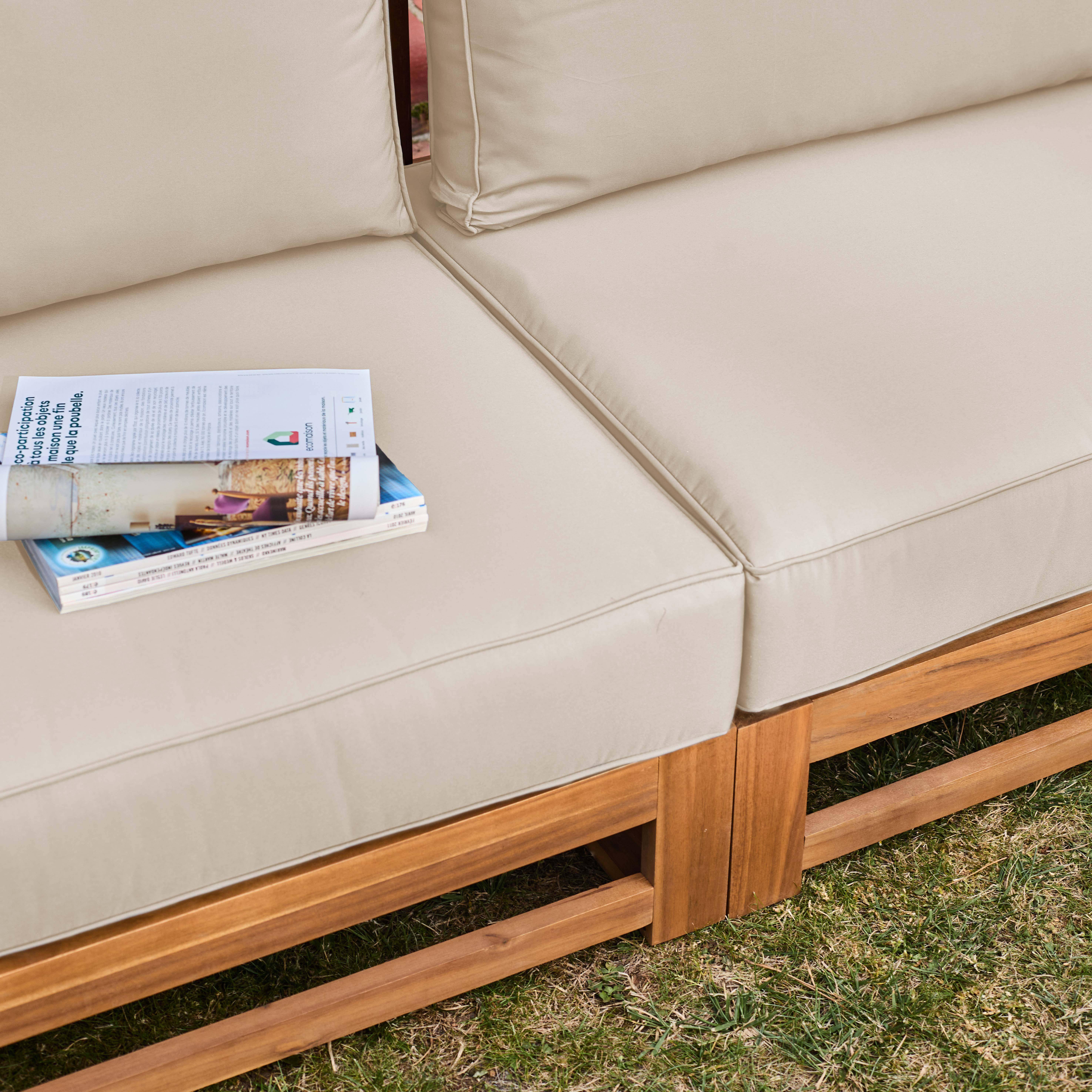 Drewniany zestaw mebli ogrodowych 5 miejsc siedzących - Mendoza - Beżowe poduszki, sofa z drewna akacjowego, fotele i stolik kawowy, 6 elementów,sweeek,Photo7