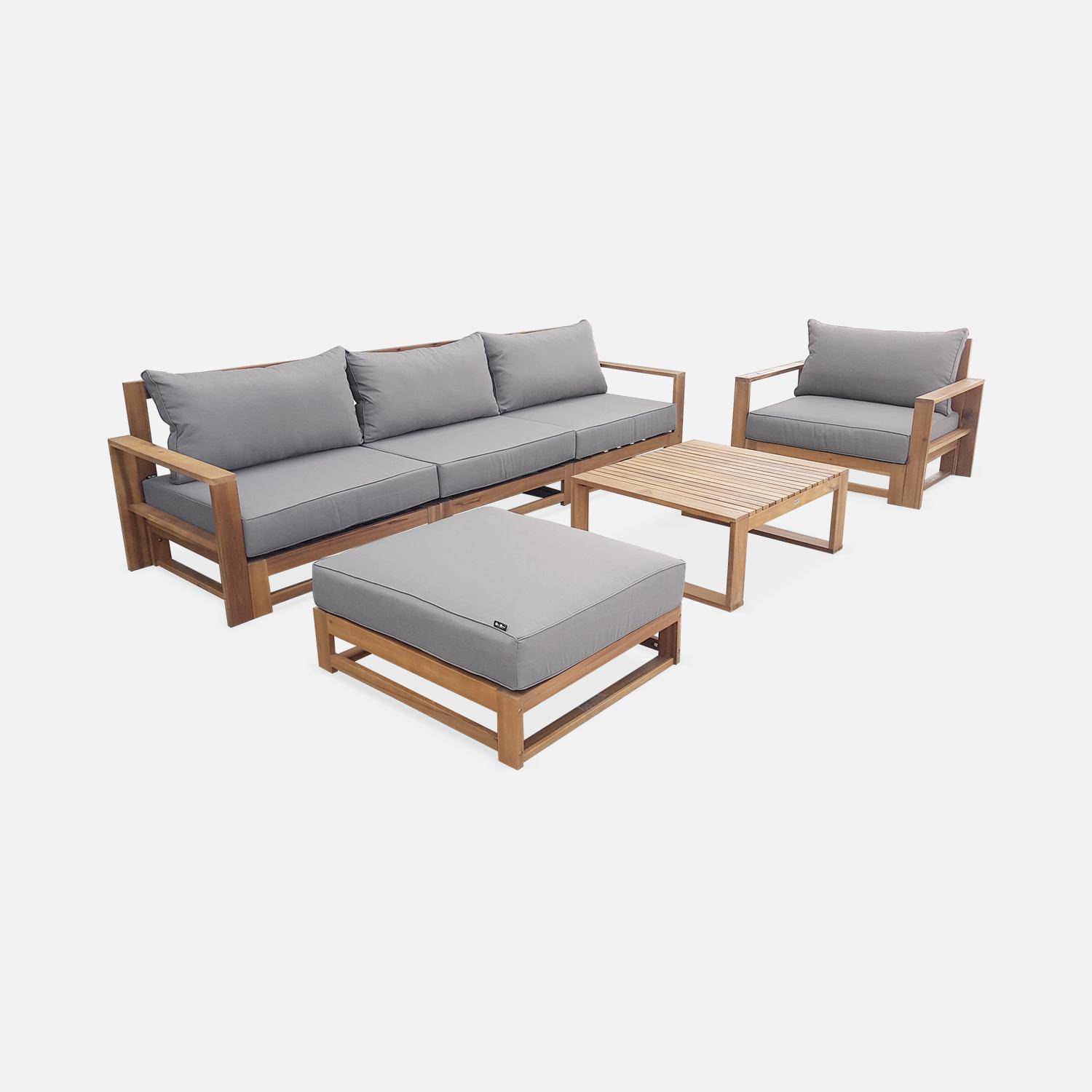 Gartenmöbel aus Holz mit 5 Sitzplätzen - Mendoza - graue Kissen, Sofa, Sessel und Couchtisch aus Akazie, 6 modulare Elemente, Design,sweeek,Photo4