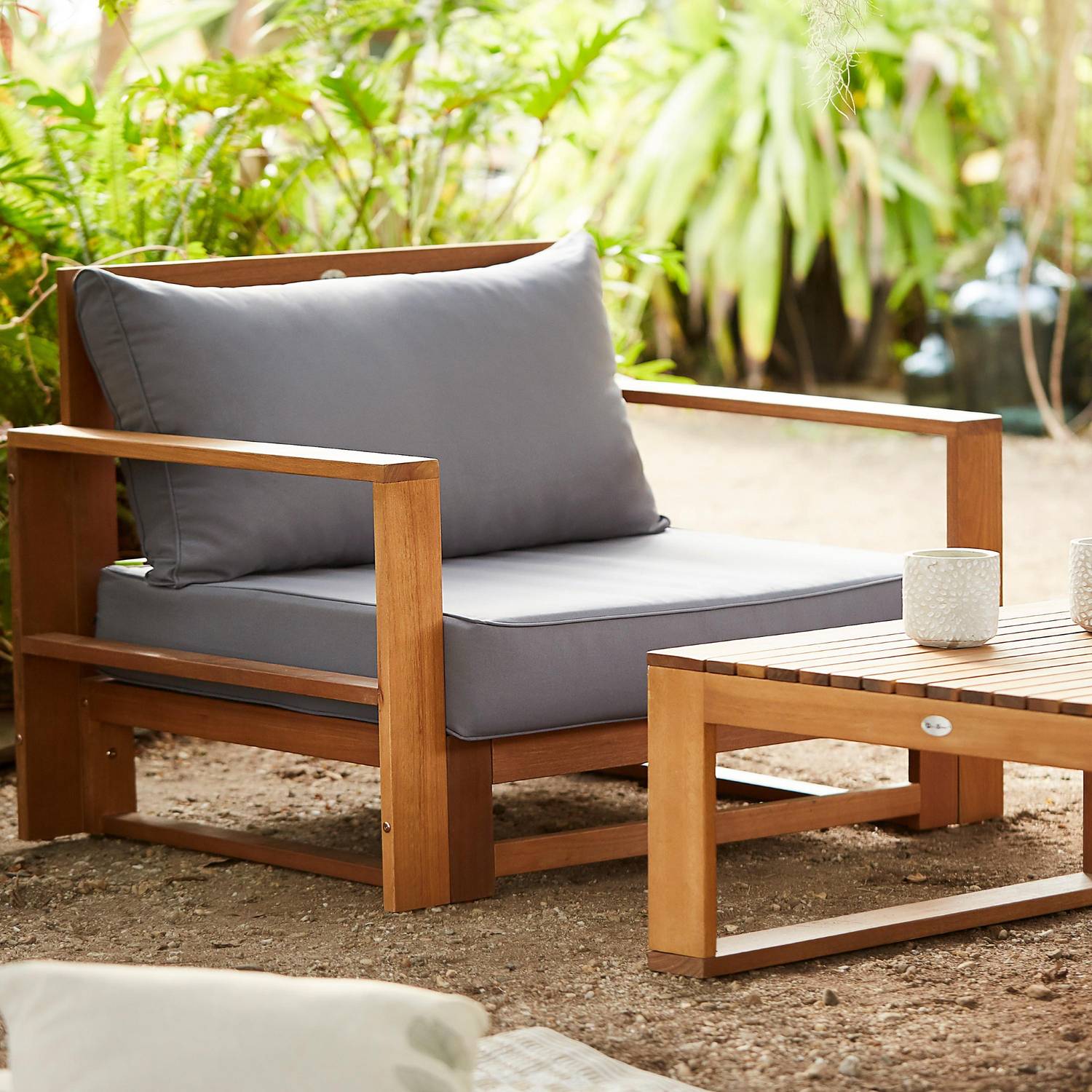 Salon de jardin en bois 5 places - Mendoza - Coussins gris, acacia, 6 éléments modulables, design Photo4