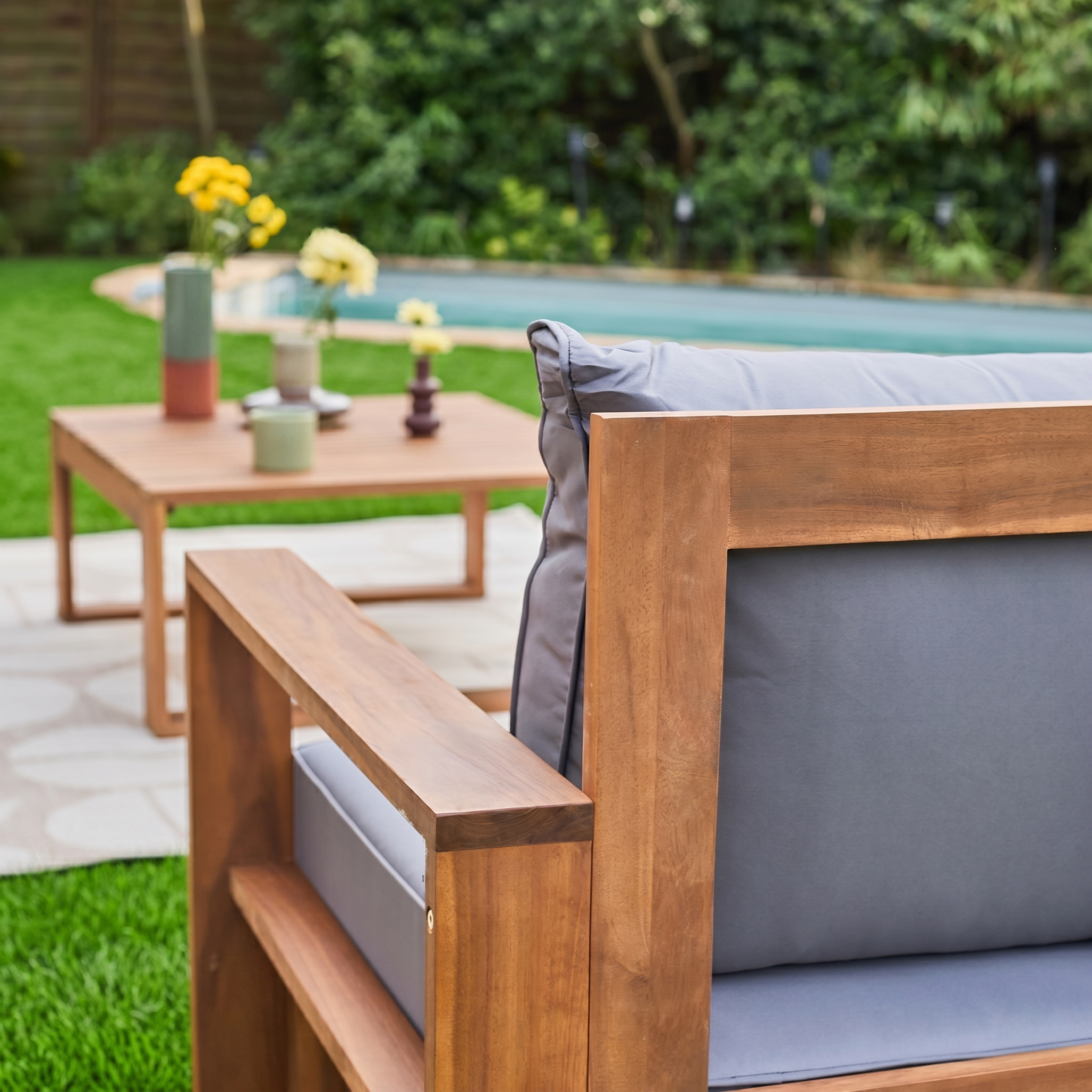 Houten loungeset 5 plaatsen - Mendoza - Grijs kussens, acacia, 6 modules, design Photo2