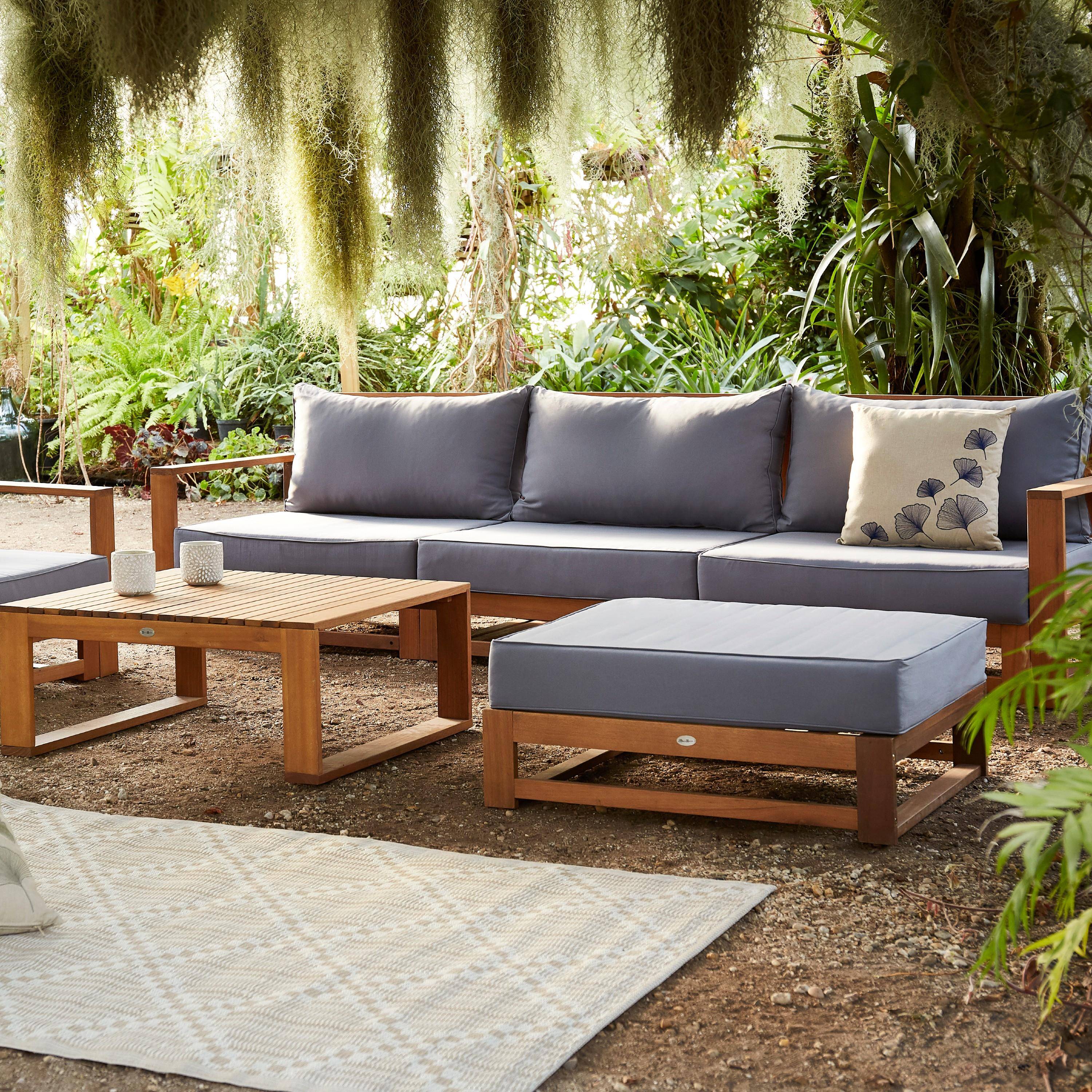 Gartenmöbel aus Holz mit 5 Sitzplätzen - Mendoza - graue Kissen, Sofa, Sessel und Couchtisch aus Akazie, 6 modulare Elemente, Design,sweeek,Photo1