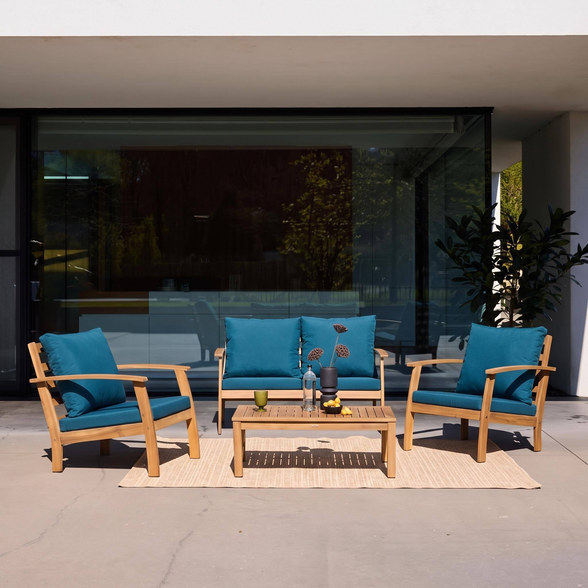 Loungeset met bank, fauteuil en salontafel van hout voor 4 personen donker turquoise - Ushuaïa Photo2