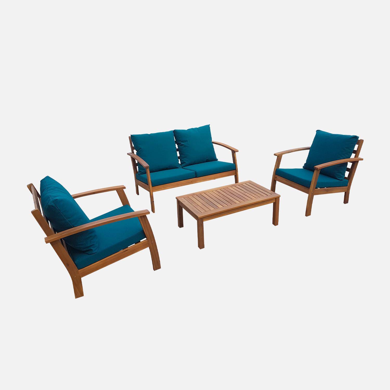 Gartenlounge-Set aus Azazienholz 4 Sitze. Entenblaue Kissen, Sofa, Sessel und Couchtisch - Ushuaia,sweeek,Photo3