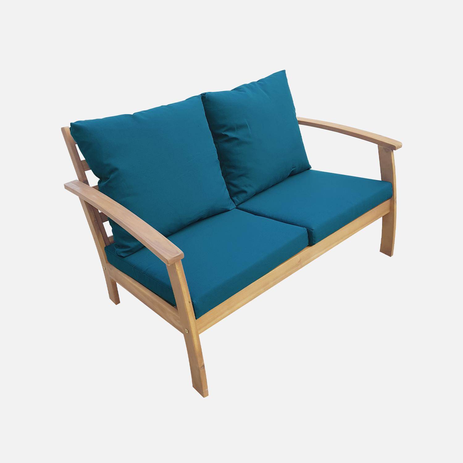Salon de jardin en bois 4 places - Ushuaïa - Coussins bleu canard, canapé, fauteuils et table basse en acacia, design Photo3