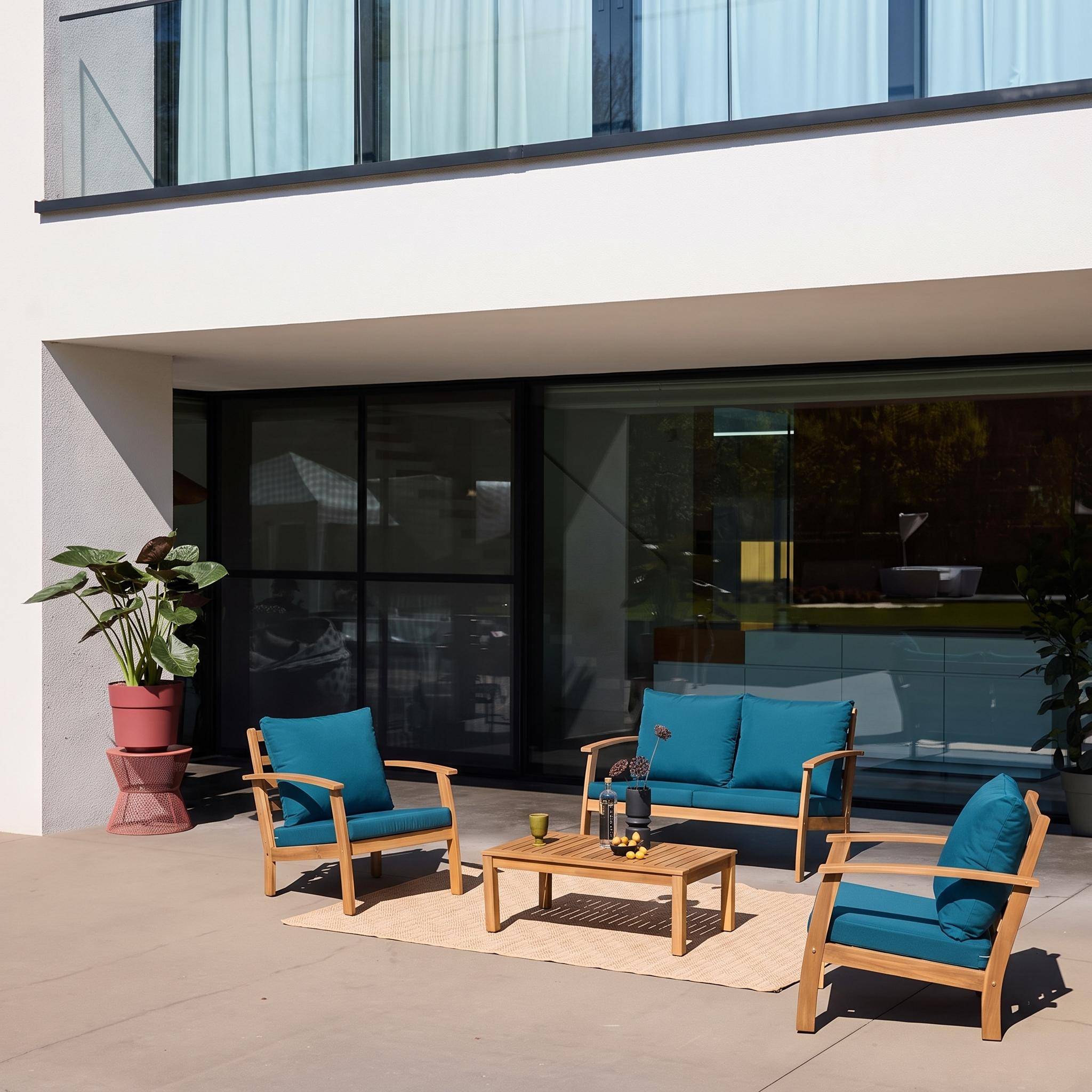 Loungeset met bank, fauteuil en salontafel van hout voor 4 personen donker turquoise - Ushuaïa Photo1